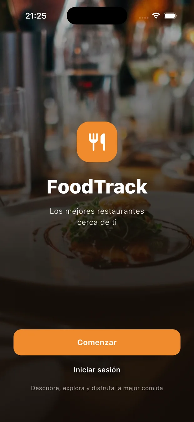 Portada de FoodTrack con el logotipo y los botones Comenzar e Iniciar sesión