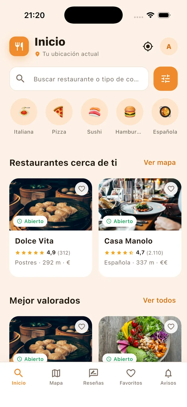 Pantalla de inicio de FoodTrack con el buscador, las categorías de comida y las tarjetas de restaurantes cercanos
