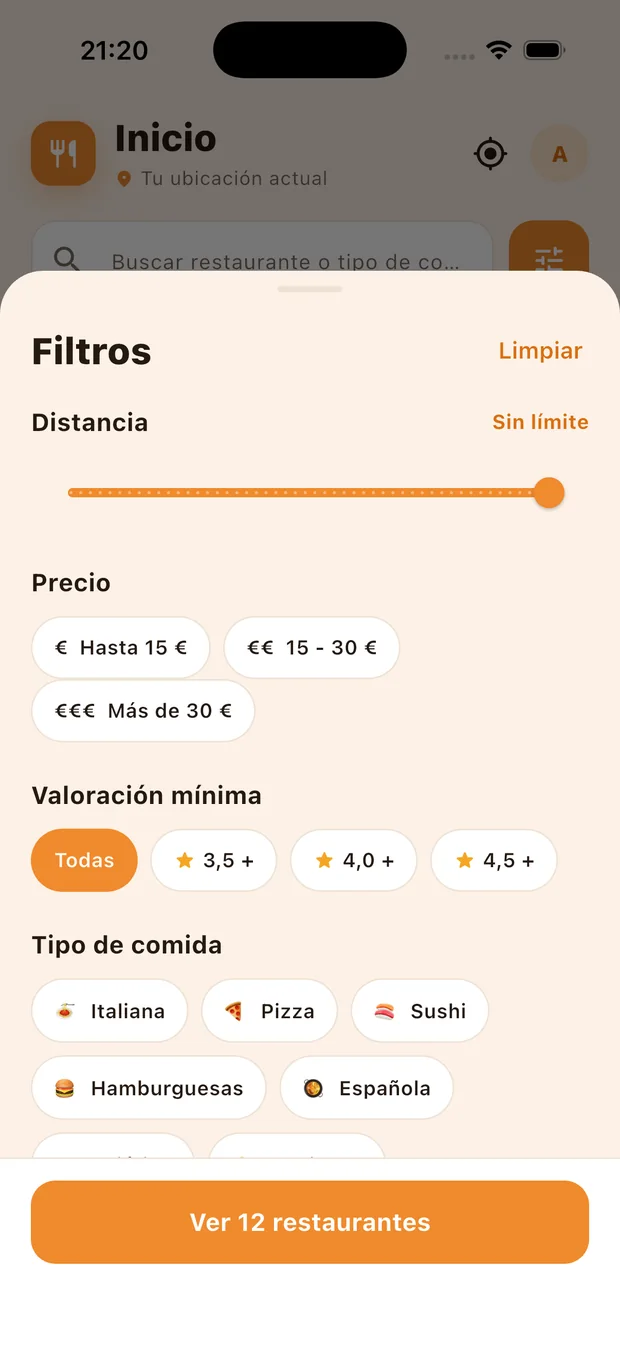 Panel de filtros con distancia, precio, valoración mínima y tipo de comida