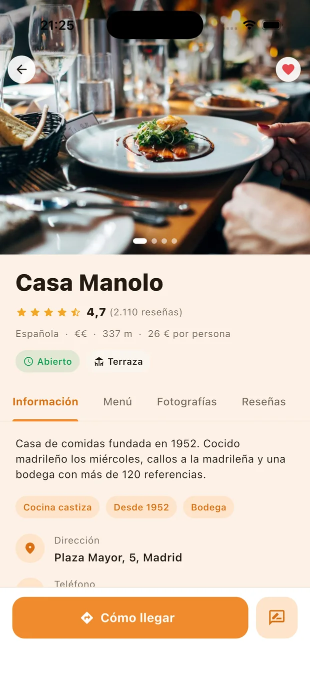 Ficha del restaurante Casa Manolo con fotografía, valoración y pestañas de información