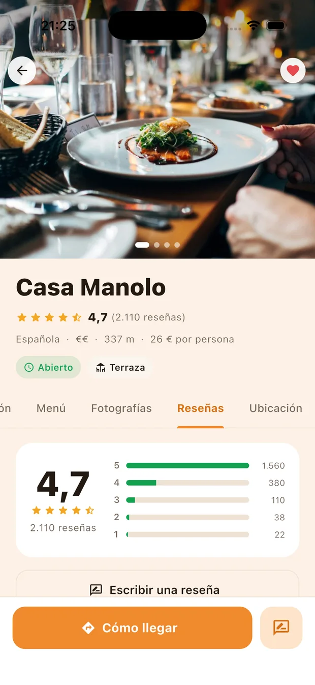 Pantalla de reseñas con la nota media y el reparto de estrellas