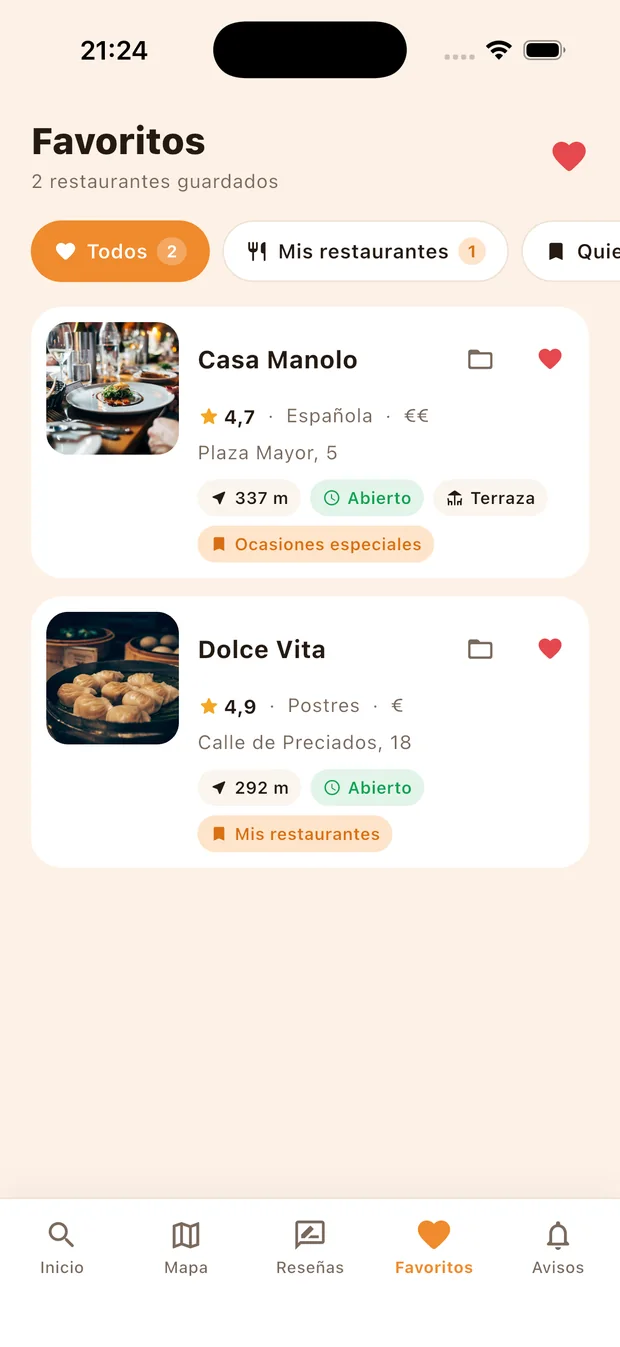Pantalla de favoritos con los restaurantes guardados y sus carpetas
